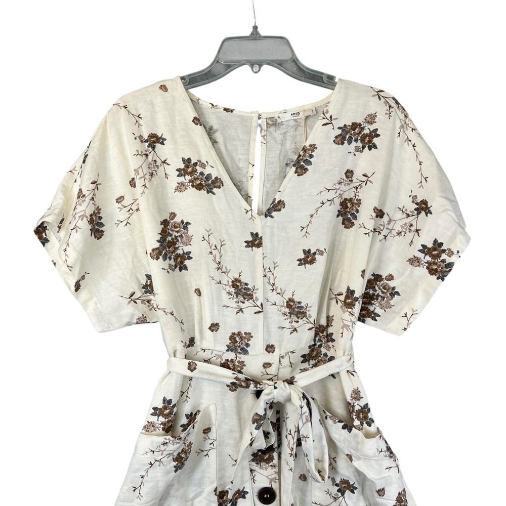 MNG CASUAL Floral Shirt Dress Button Skirt Belted Cream Brown Size 8 NWT - Picture 2 of 9